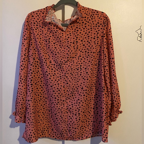 Large Dotted Womens Pink Long Sleeve Blouse Dress Top Shirt Pullover - Picture 2 of 6